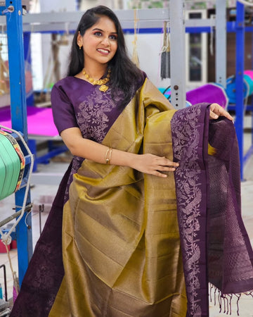 Graceful Banarasi Soft Silk Saree – Minimal Look, Luxurious Copper Zari S0082