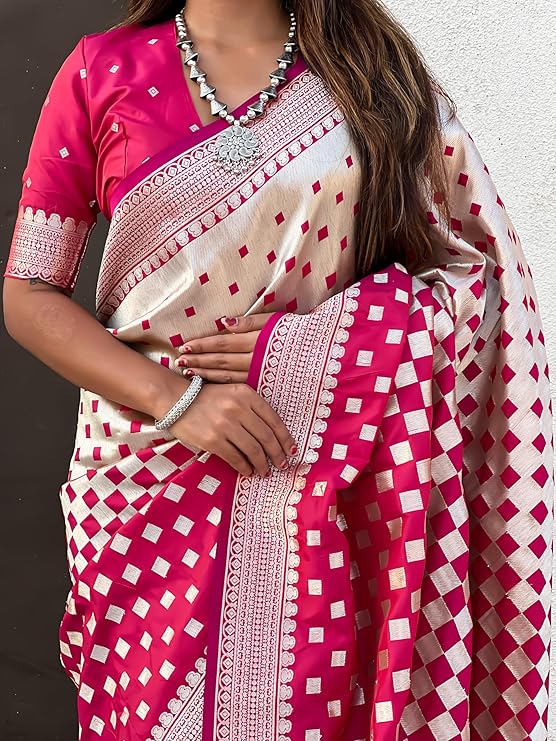 Stunning Banarasi Silk Saree with Subtle Design & Silver Zari Weaving S0100