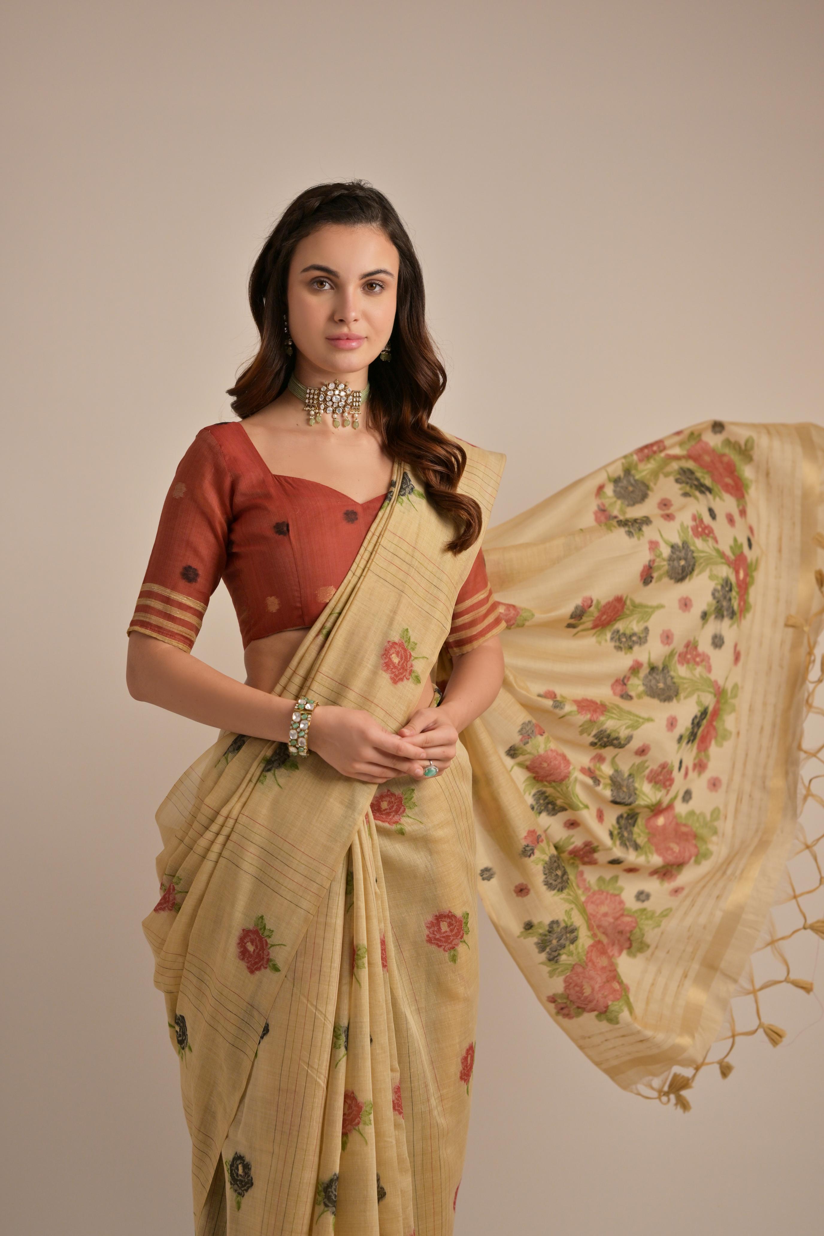 Premium Soft Muga Cotton Saree with Colorful Motif S0121
