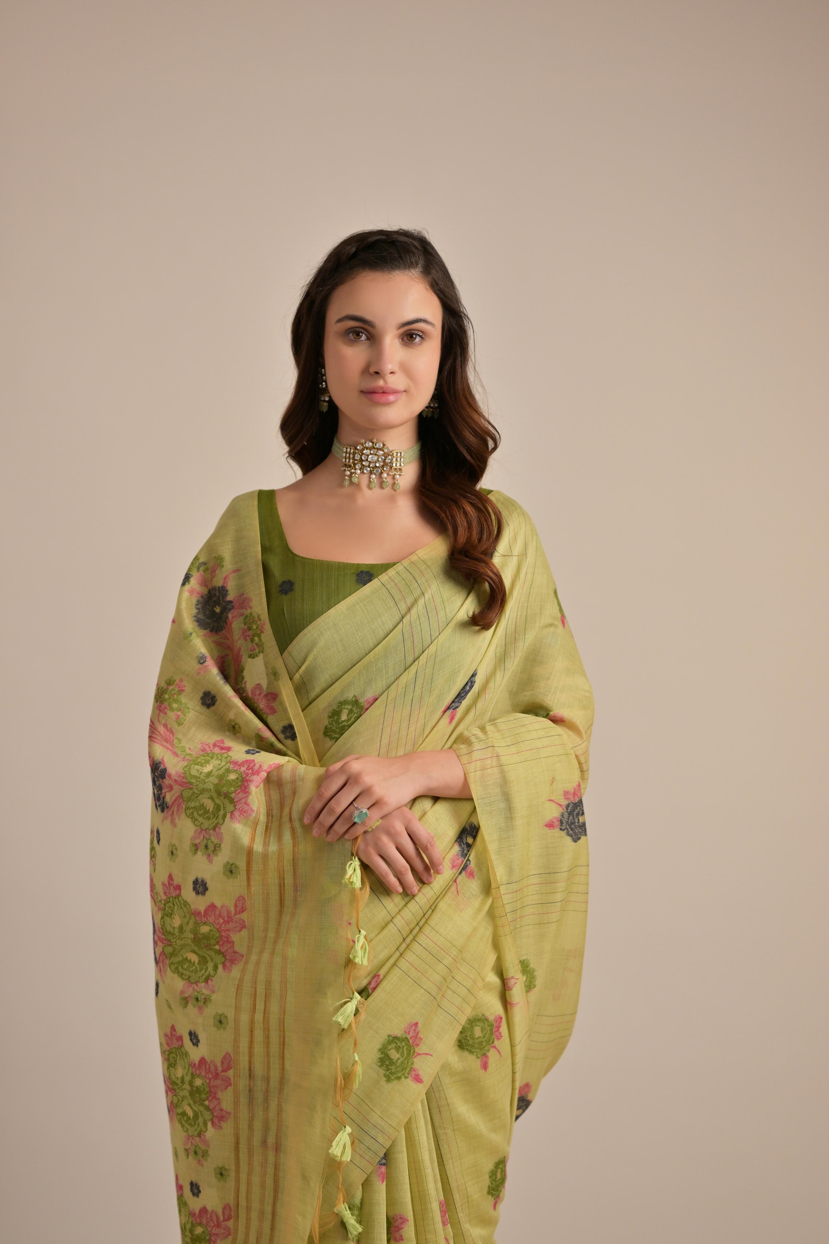 Premium Soft Muga Cotton Saree with Colorful Motif S0121