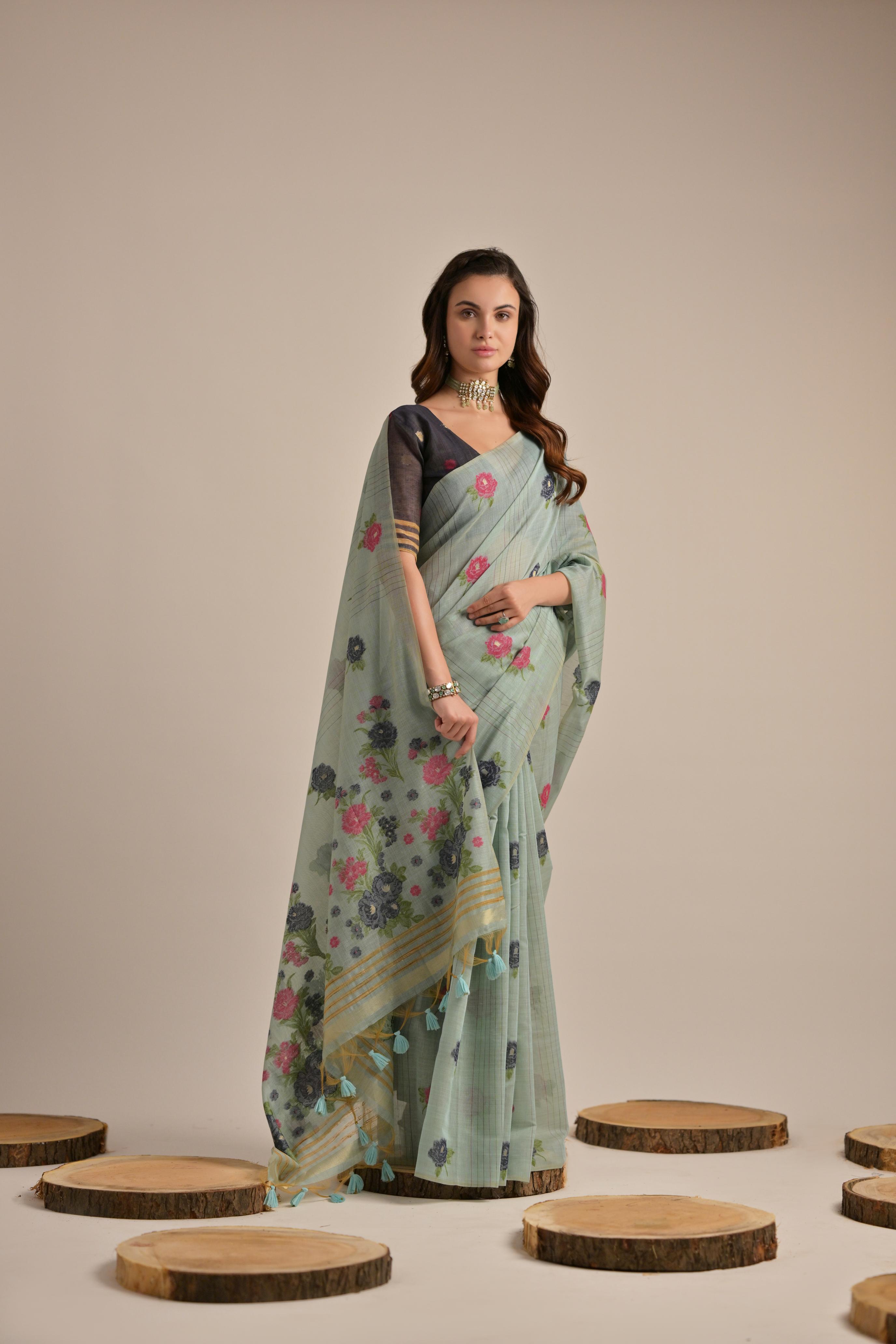 Premium Soft Muga Cotton Saree with Colorful Motif S0121