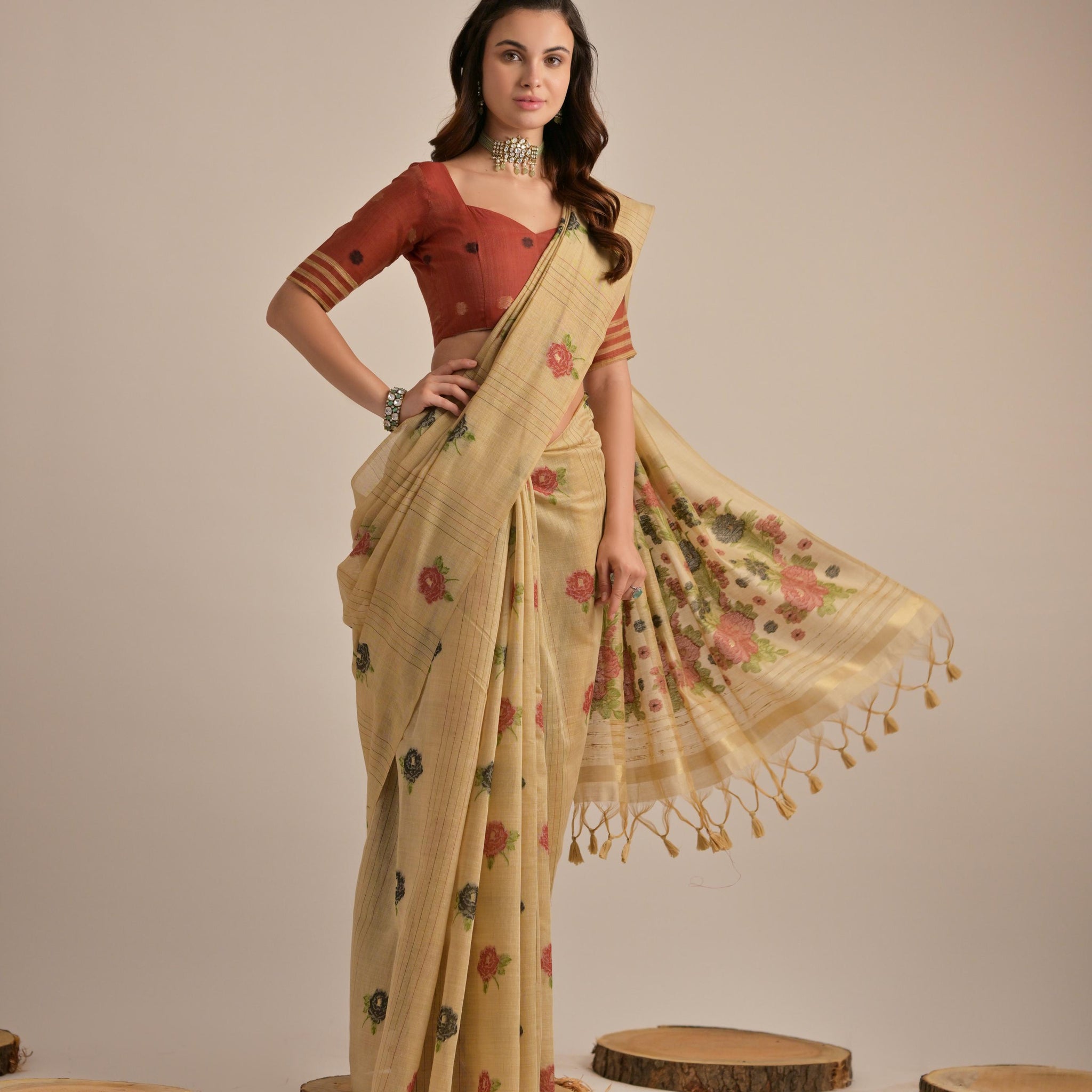 Premium Soft Muga Cotton Saree with Colorful Motif S0121