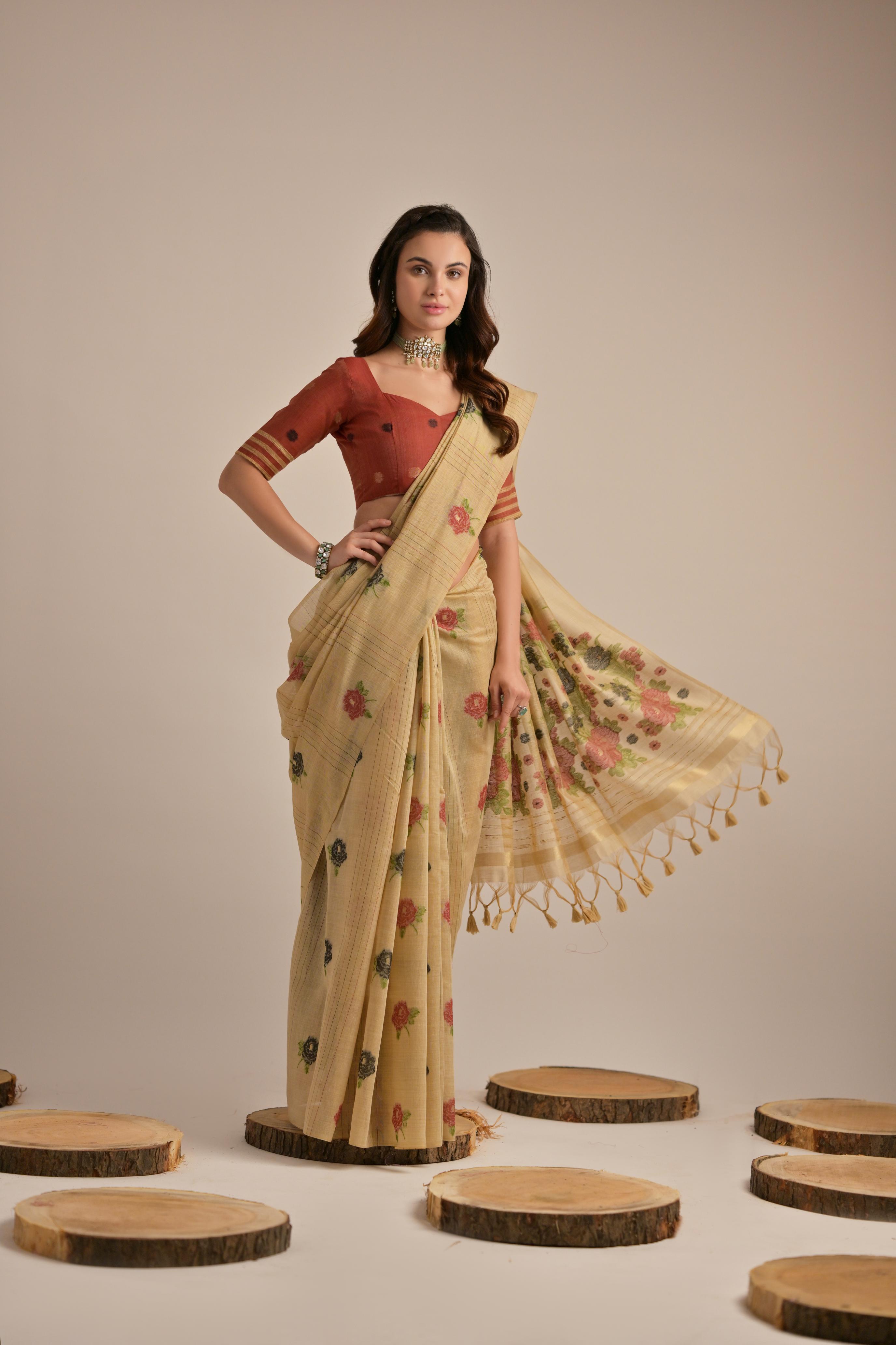 Premium Soft Muga Cotton Saree with Colorful Motif S0121