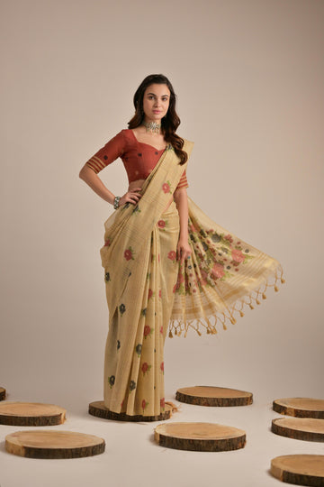 Premium Soft Muga Cotton Saree with Colorful Motif S0121