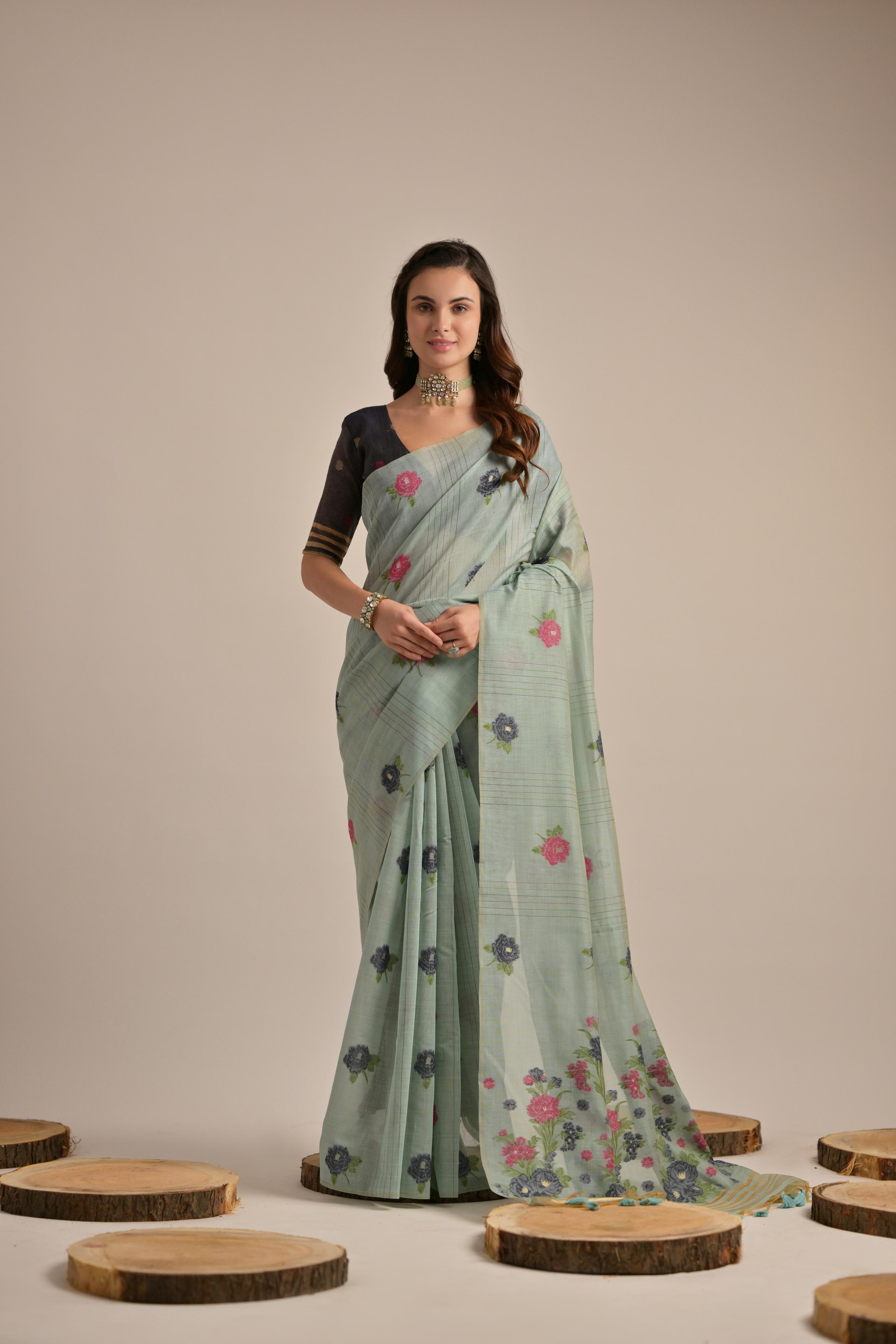 Premium Soft Muga Cotton Saree with Colorful Motif S0121