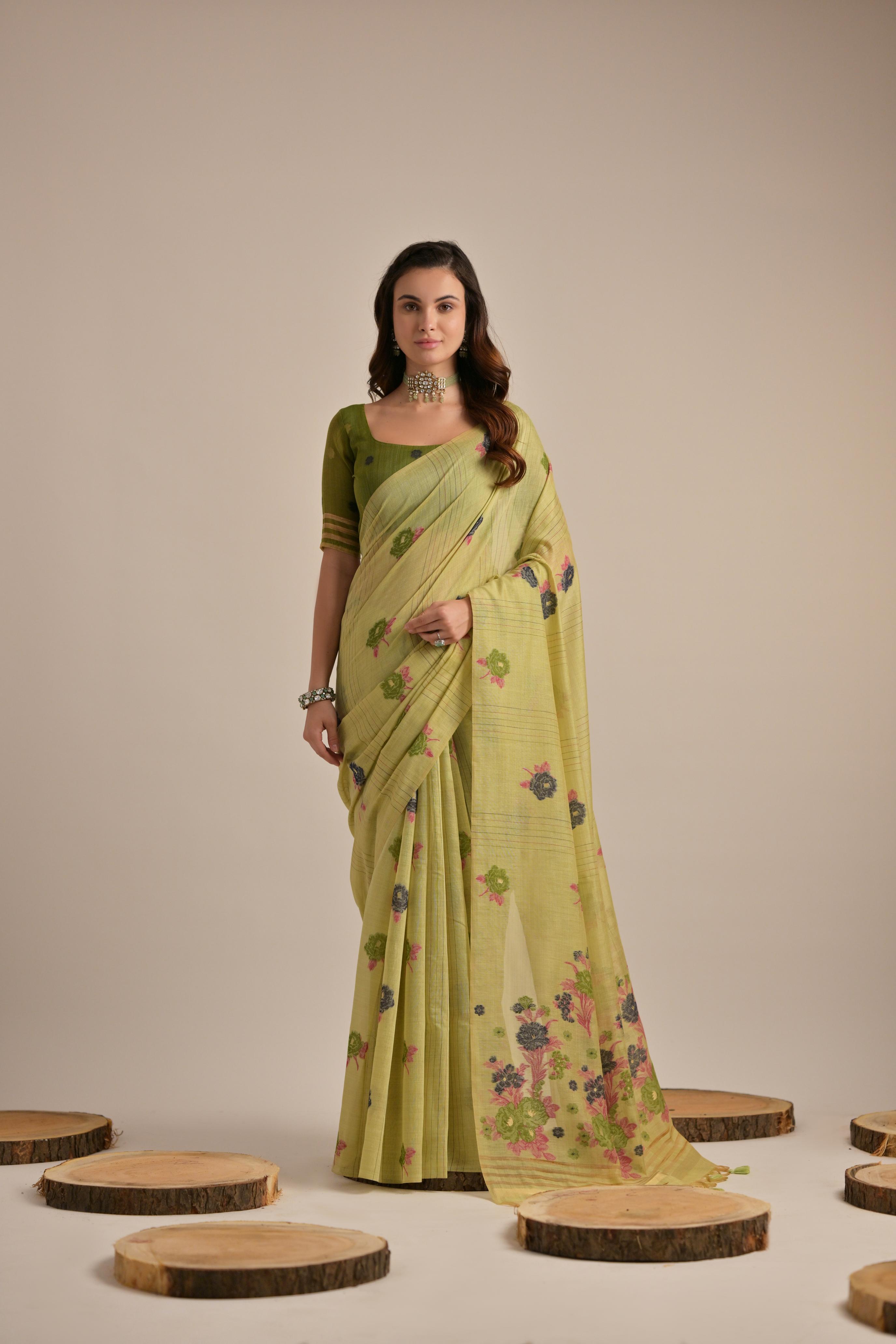 Premium Soft Muga Cotton Saree with Colorful Motif S0121