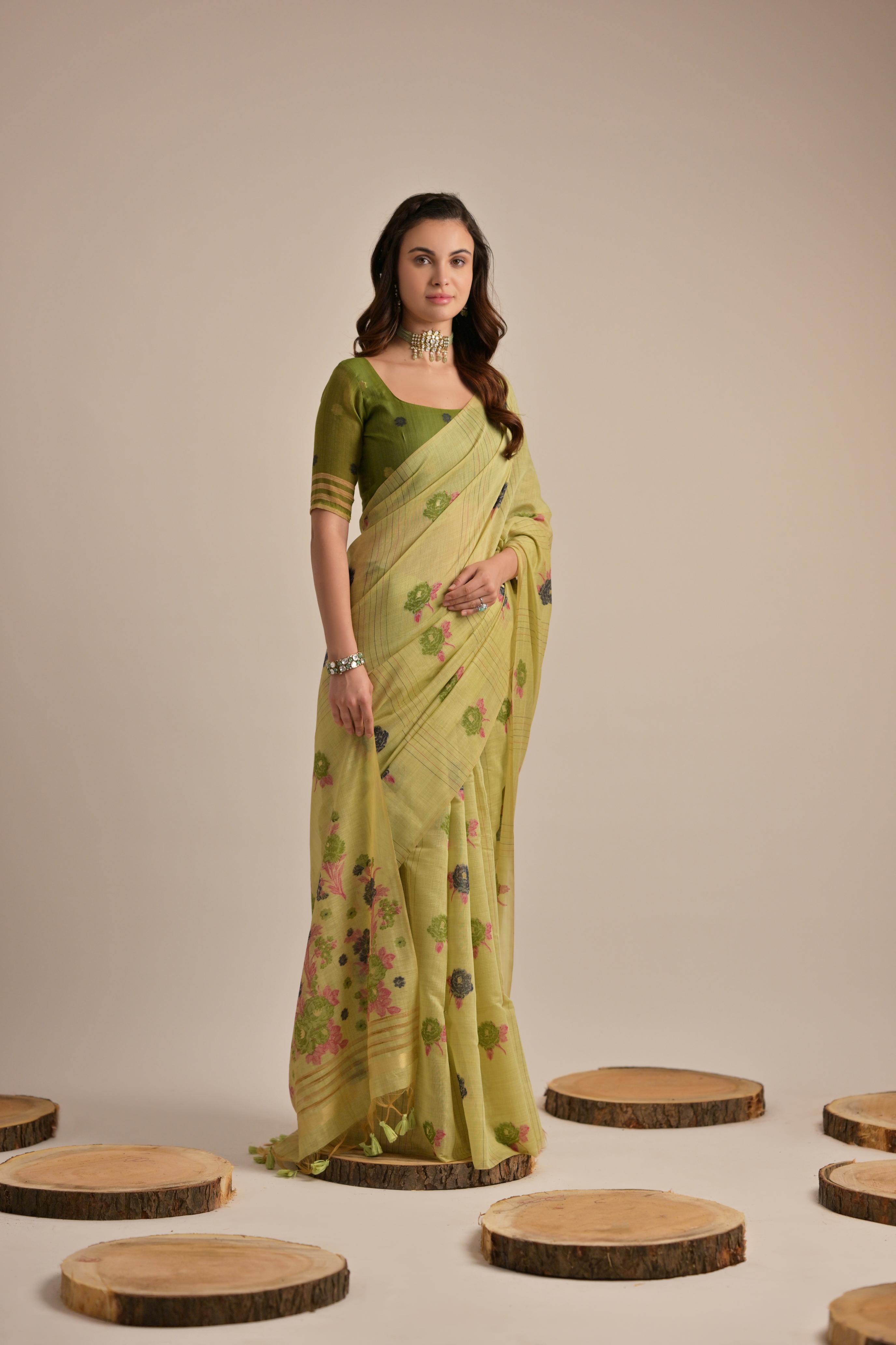 Premium Soft Muga Cotton Saree with Colorful Motif S0121