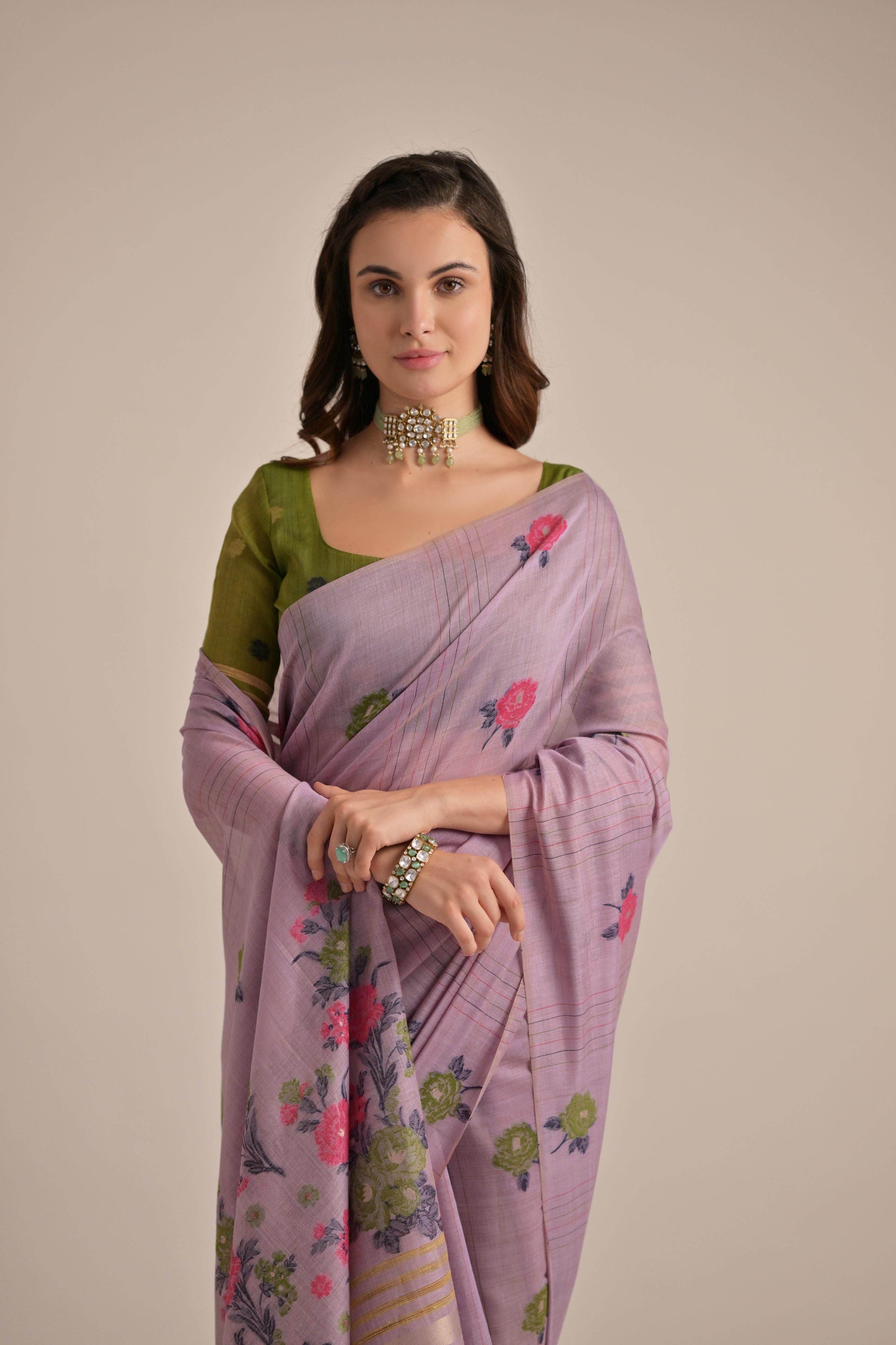 Premium Soft Muga Cotton Saree with Colorful Motif S0121
