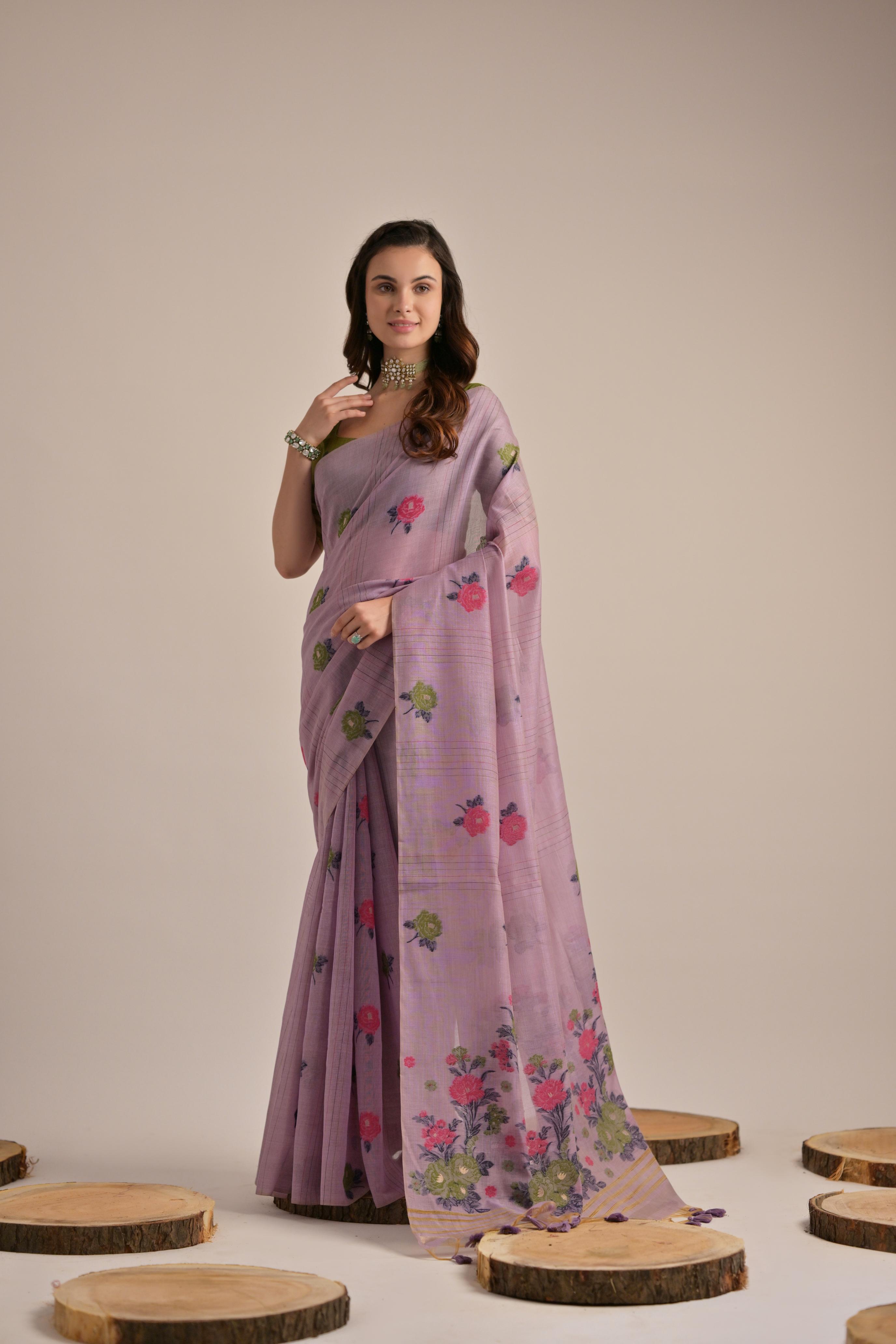 Premium Soft Muga Cotton Saree with Colorful Motif S0121