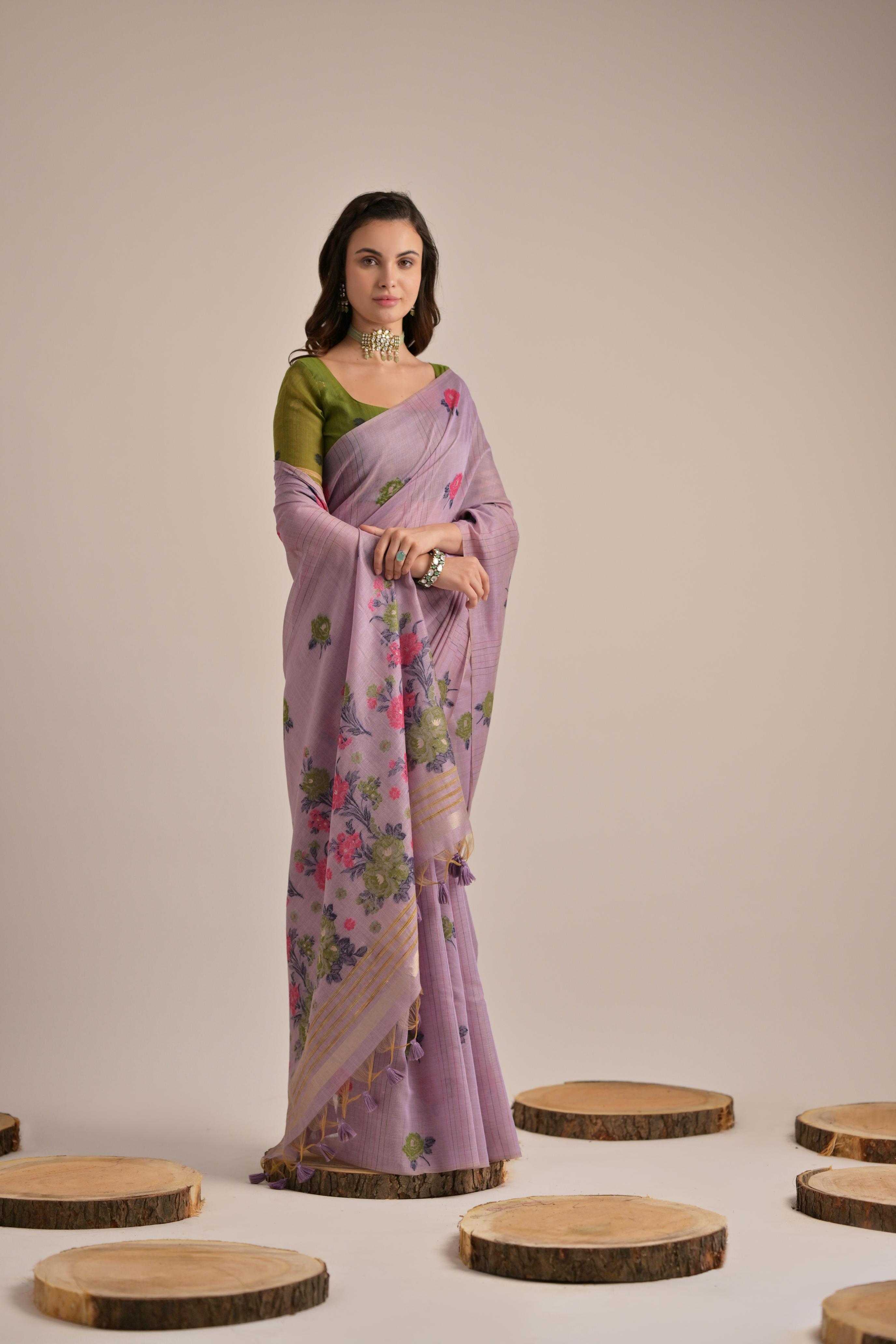 Premium Soft Muga Cotton Saree with Colorful Motif S0121