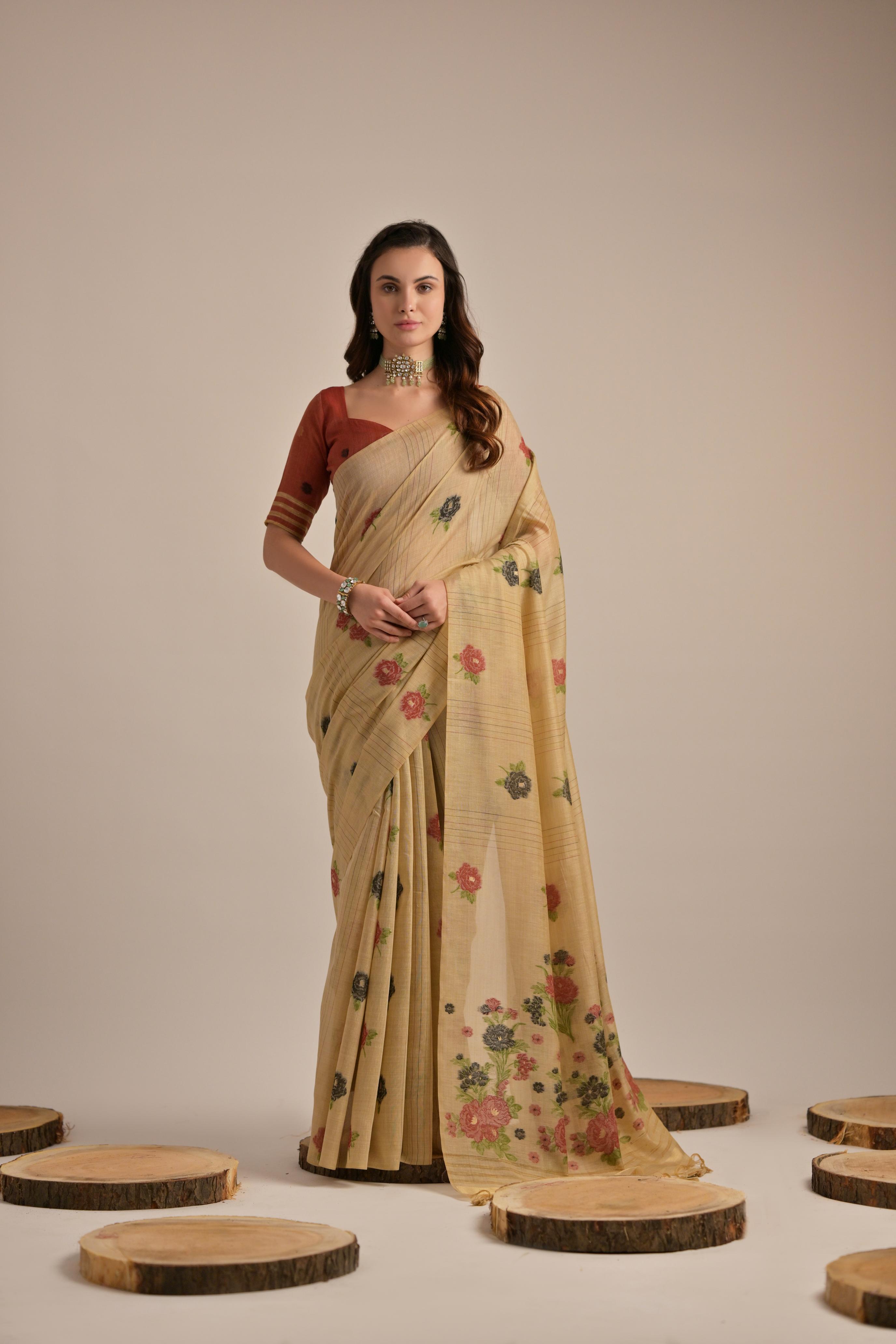 Premium Soft Muga Cotton Saree with Colorful Motif S0121
