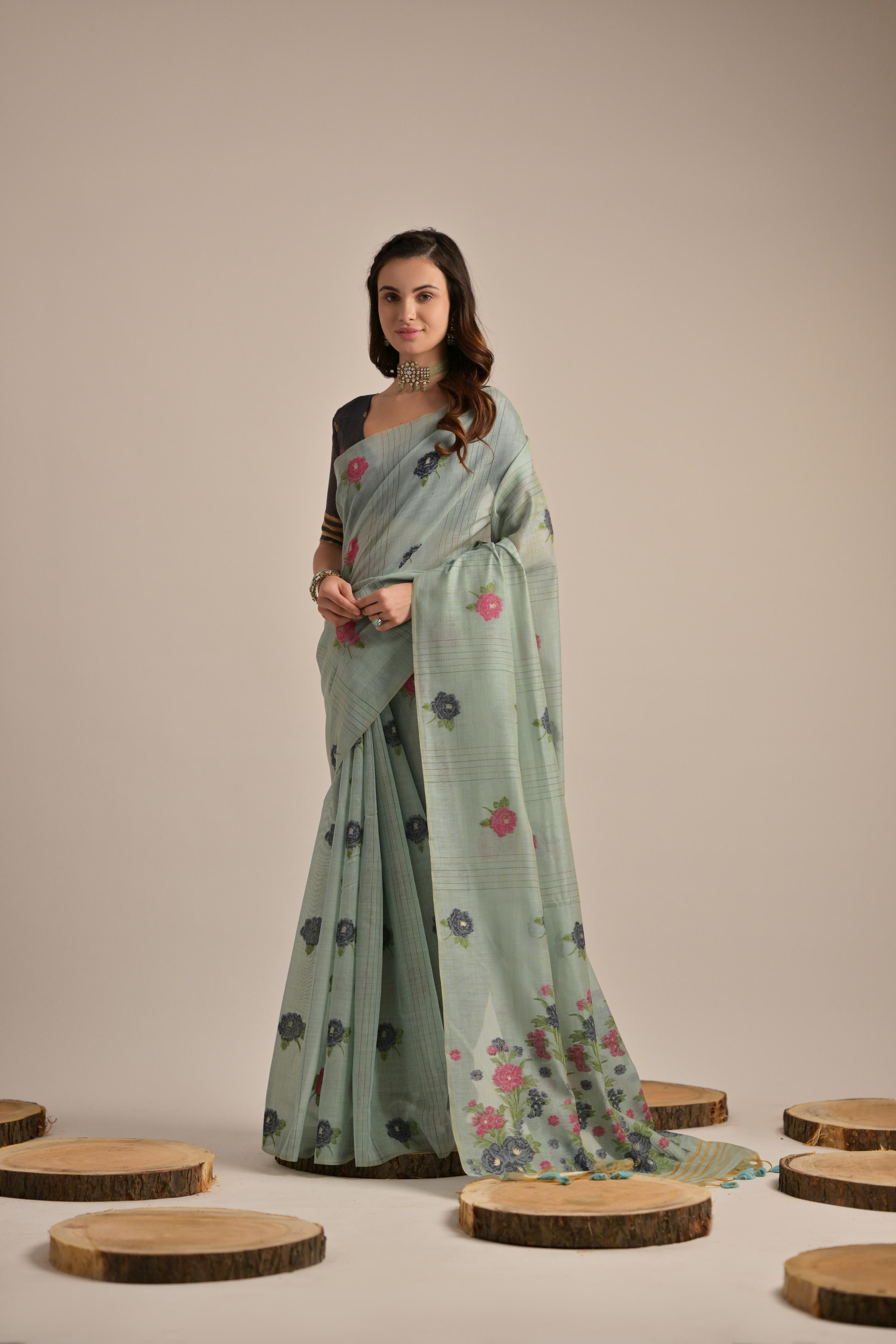 Premium Soft Muga Cotton Saree with Colorful Motif S0121