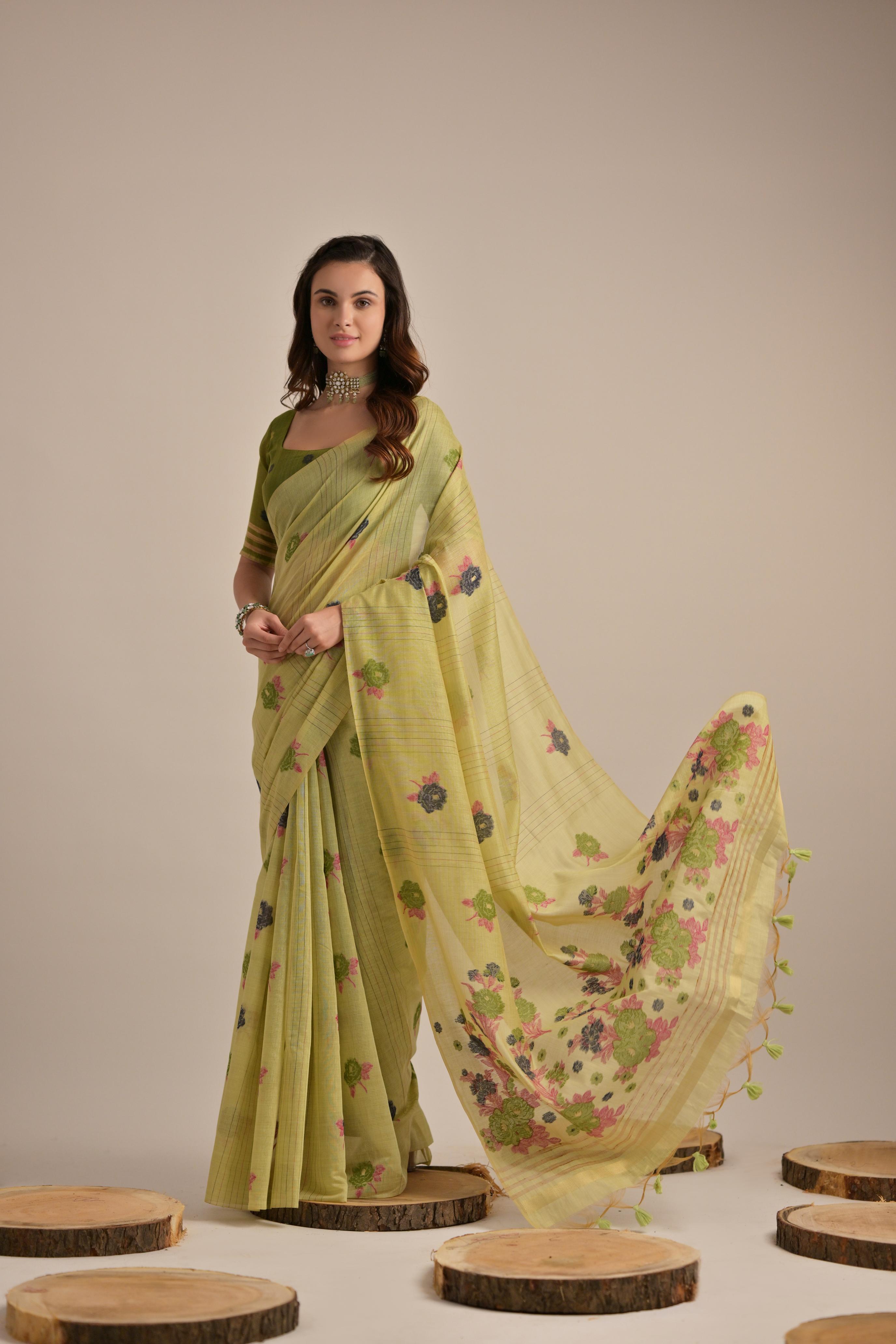 Premium Soft Muga Cotton Saree with Colorful Motif S0121