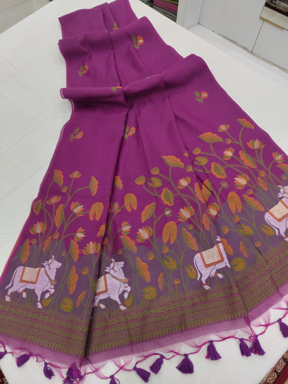 Soft Muga Cotton Saree with Pichwai Pallu S0131
