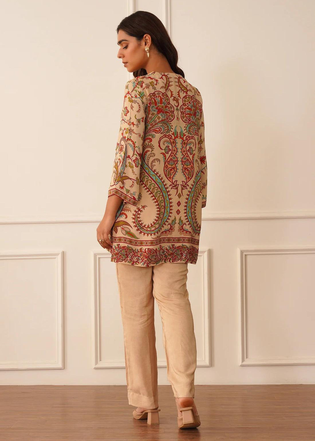 Woman wearing a patterned co-ord set