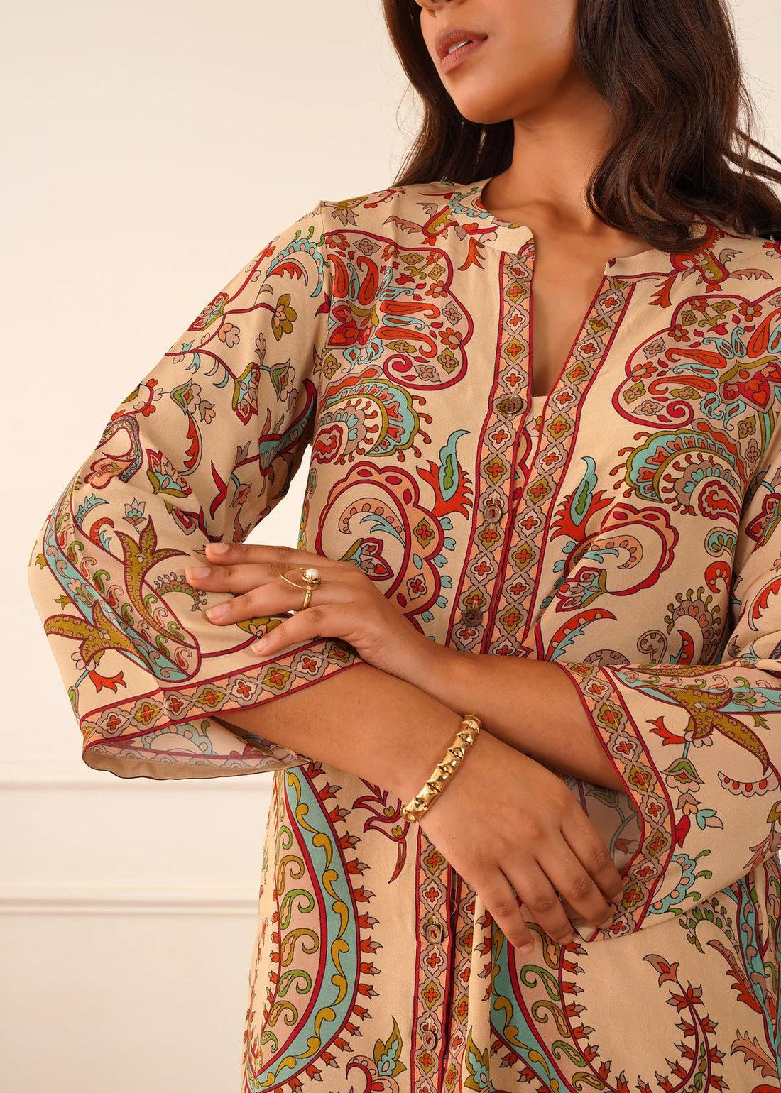 Woman wearing a patterned co-ord set