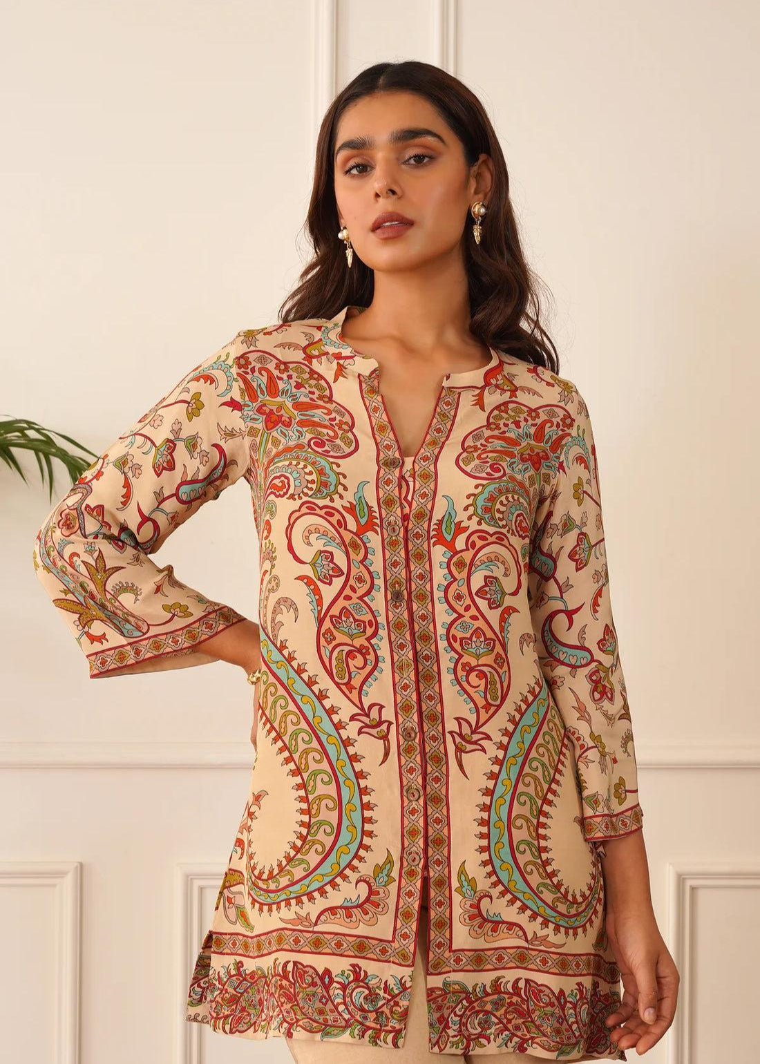 Woman wearing a patterned co-ord set