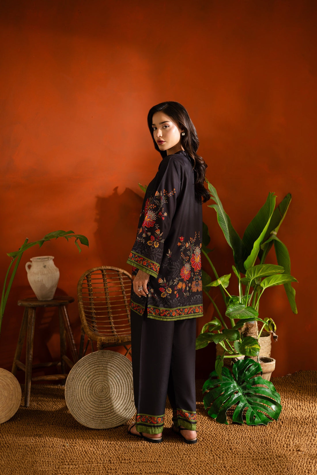 Black Floral Print Poly Cotton Co-ord Set for Women – Festive & Party Wear C024