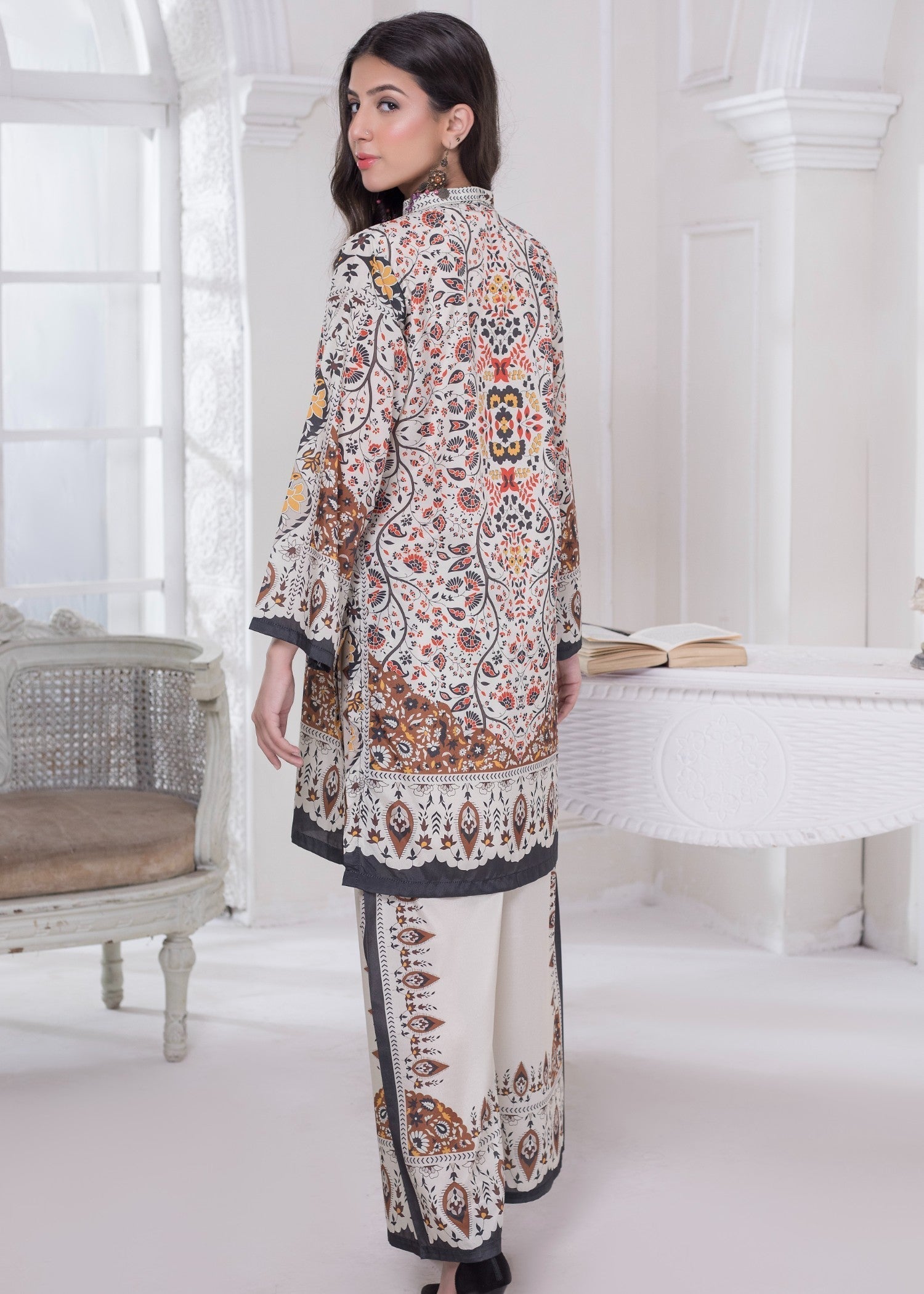 girl wearing a Printed Co-ord Set Back Design by vastraloom