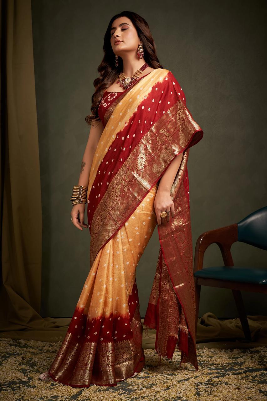 Woman wearing a traditional saree with a red and gold pattern against a neutral background