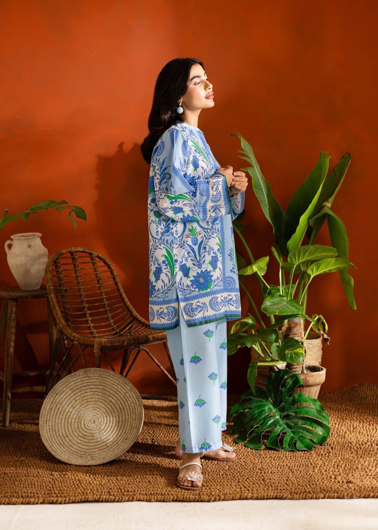 Woman in a blue and white patterned co-ord set