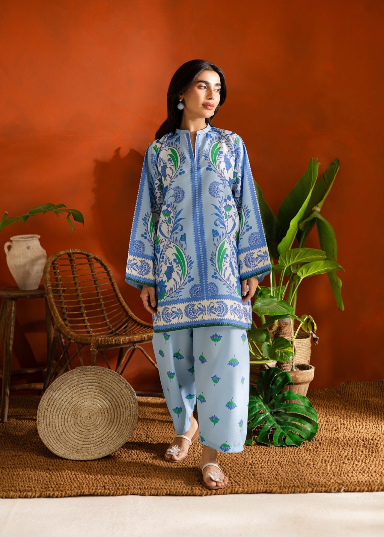 Woman in a blue and white patterned Co-ord set