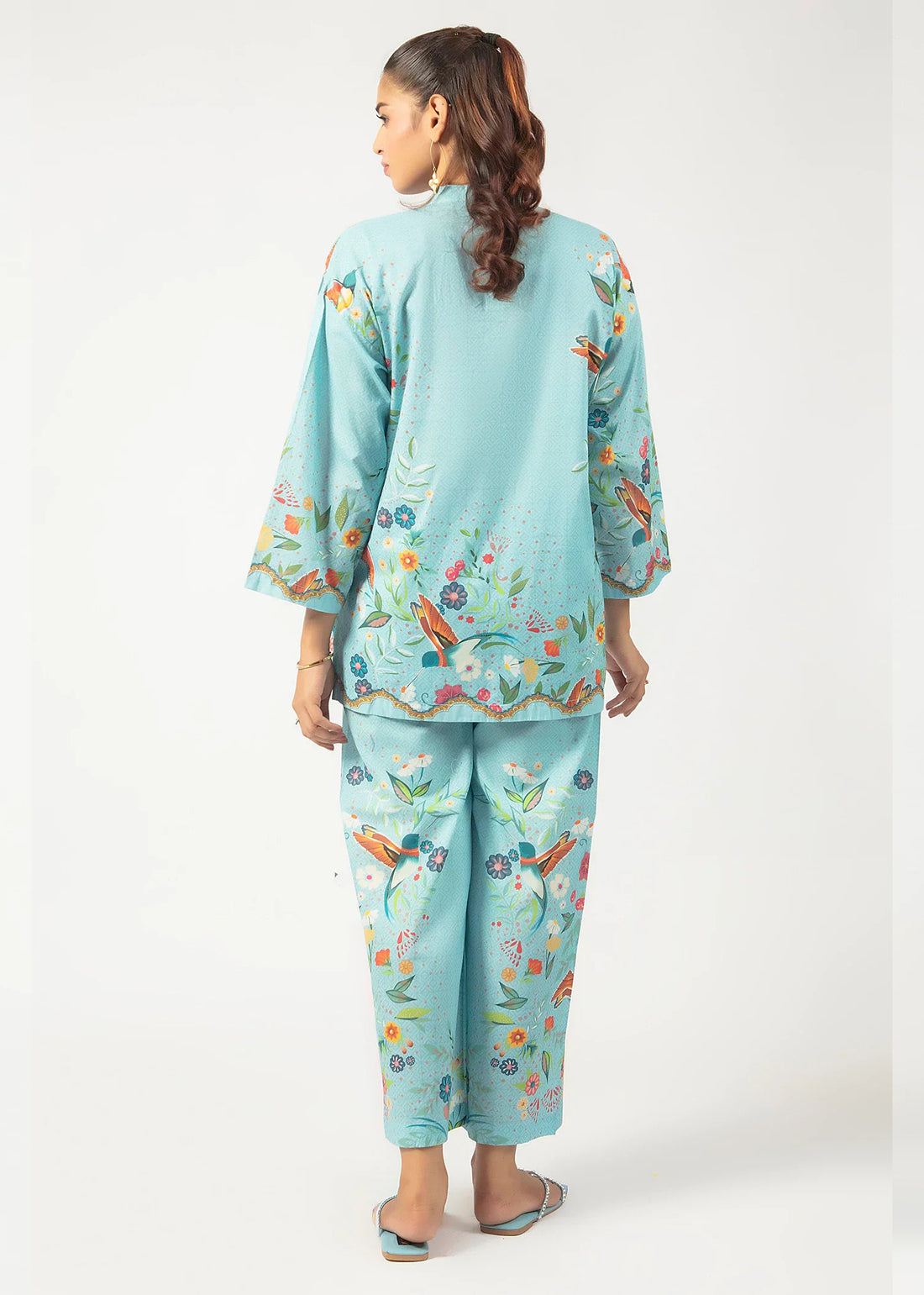 Sky Blue Printed Co-ord Set with Bird & Floral Design for Women C026