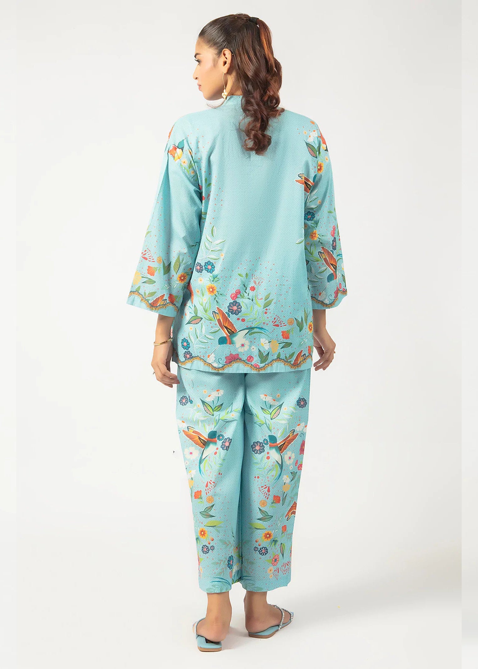 Sky Blue Printed Co-ord Set with Bird & Floral Design for Women C026