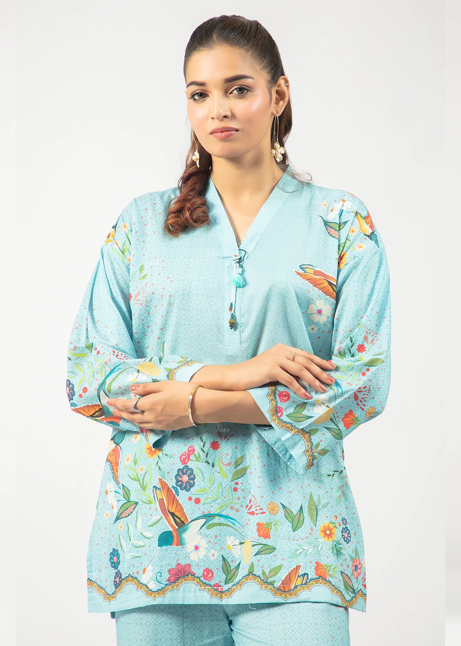 Sky Blue Printed Co-ord Set with Bird & Floral Design for Women C026