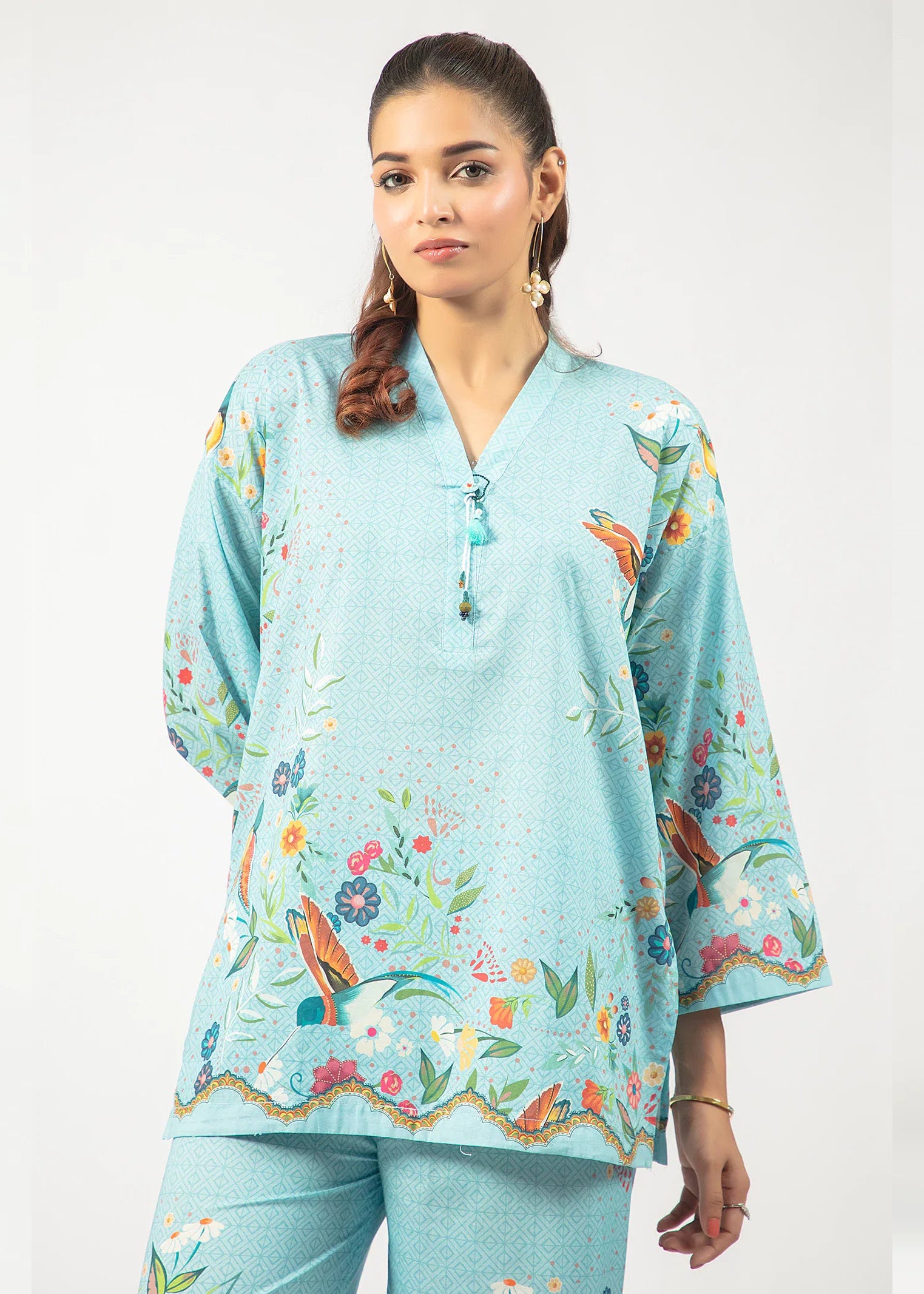 Sky Blue Printed Co-ord Set with Bird & Floral Design for Women C026