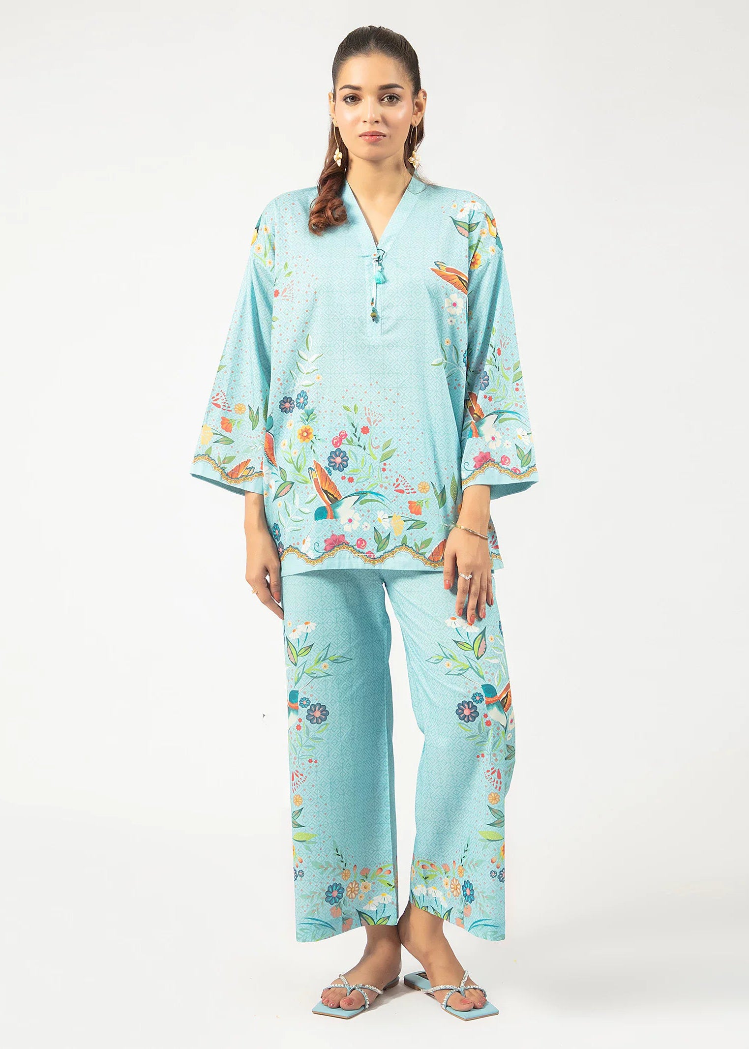 Sky Blue Printed Co-ord Set with Bird & Floral Design for Women C026