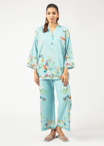 Sky Blue Printed Co-ord Set with Bird & Floral Design for Women C026
