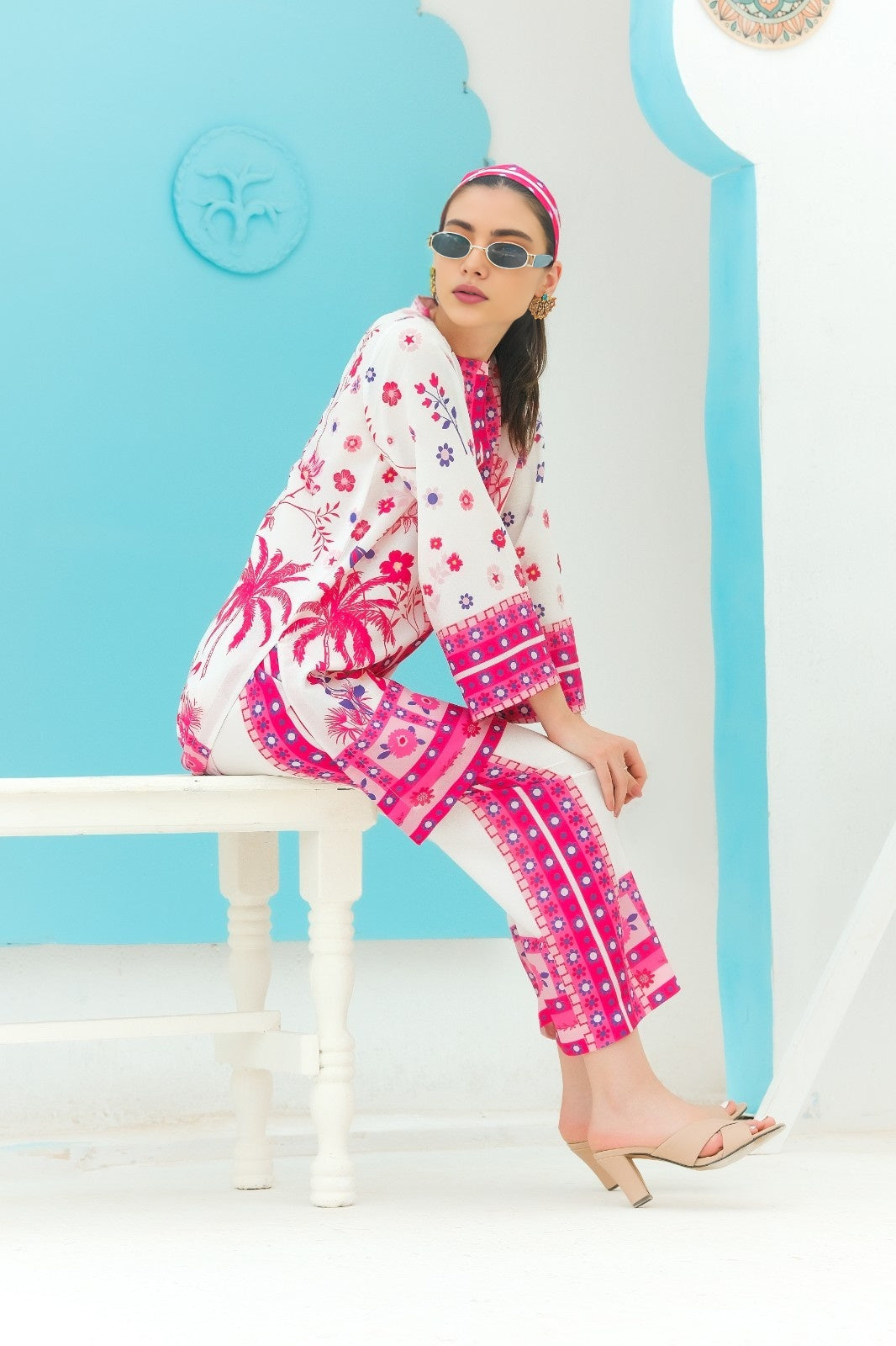 Woman wearing a pink and white Printed Co-ord set