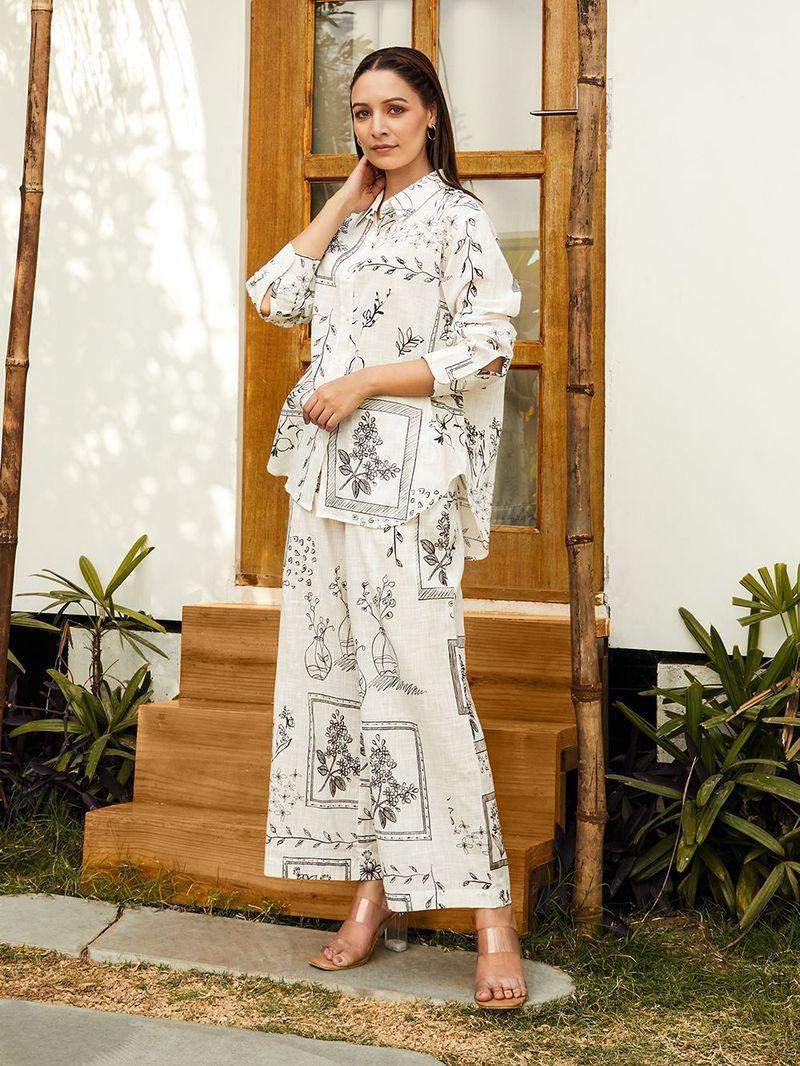 Trendy White Poly cotton Party wear Co-ord set C001