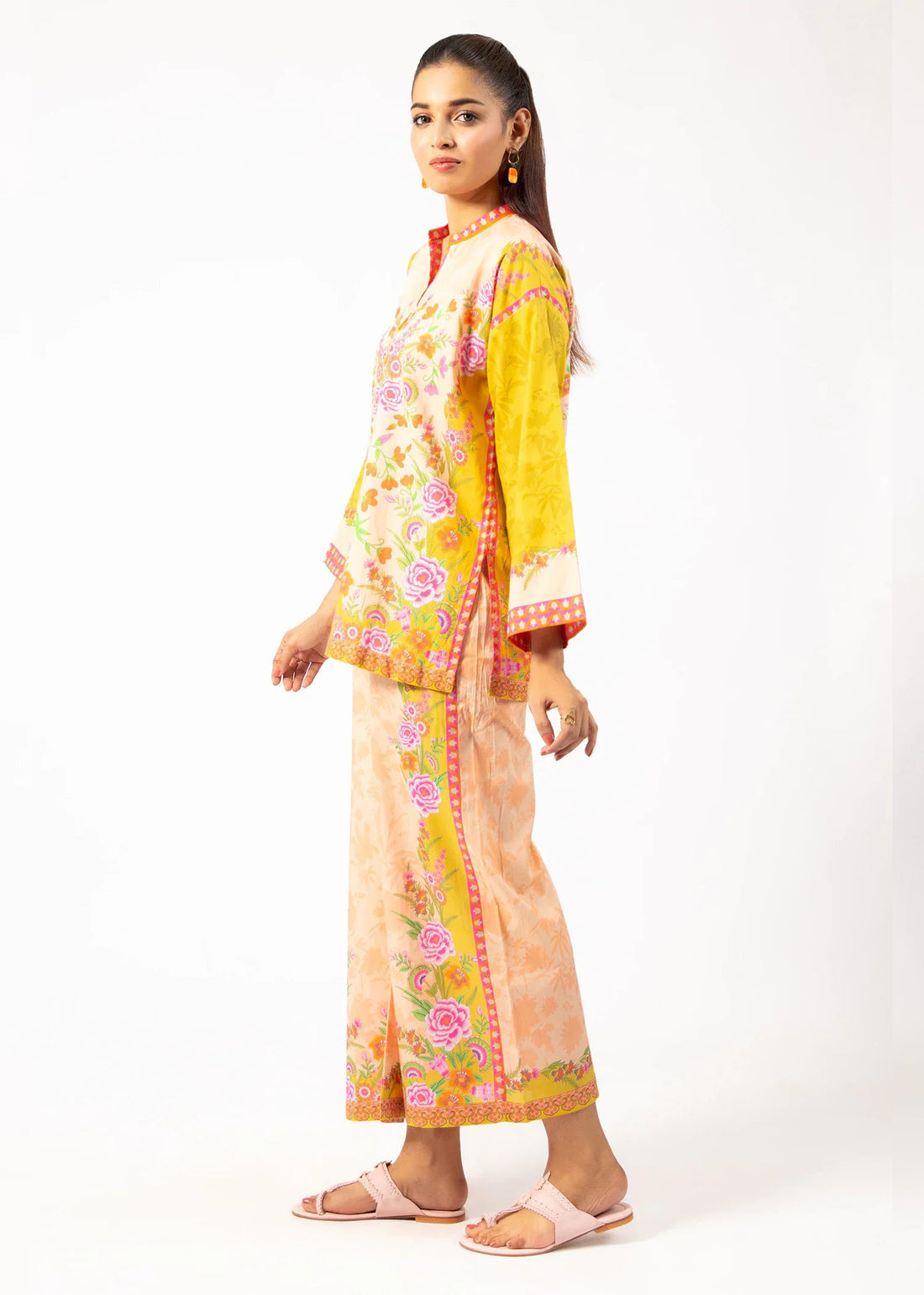 Women's Bright Floral Mustard & Peach color Co-ord Set C025